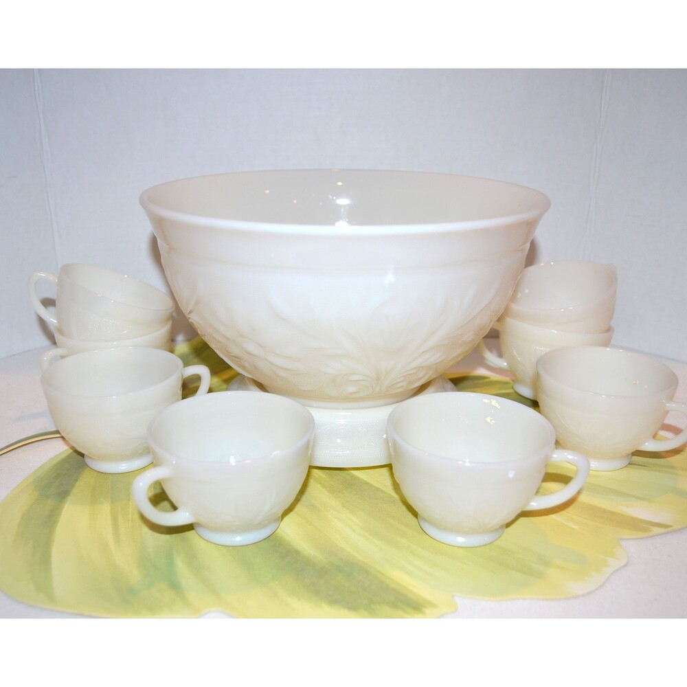 Vintage Punch Bowl with Eight Cups and Stand Starburst Atomic Art Deco